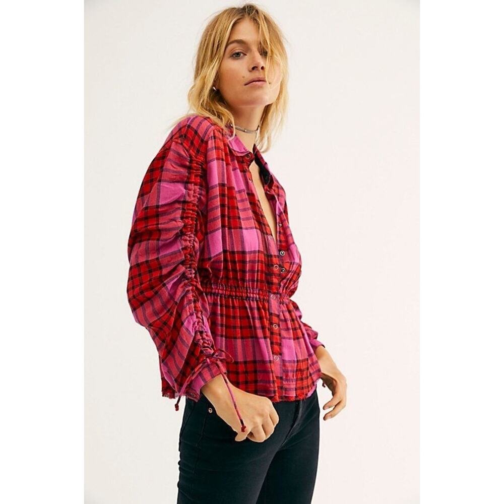 Free People Red and Pink Plaid Button-Down Shirt